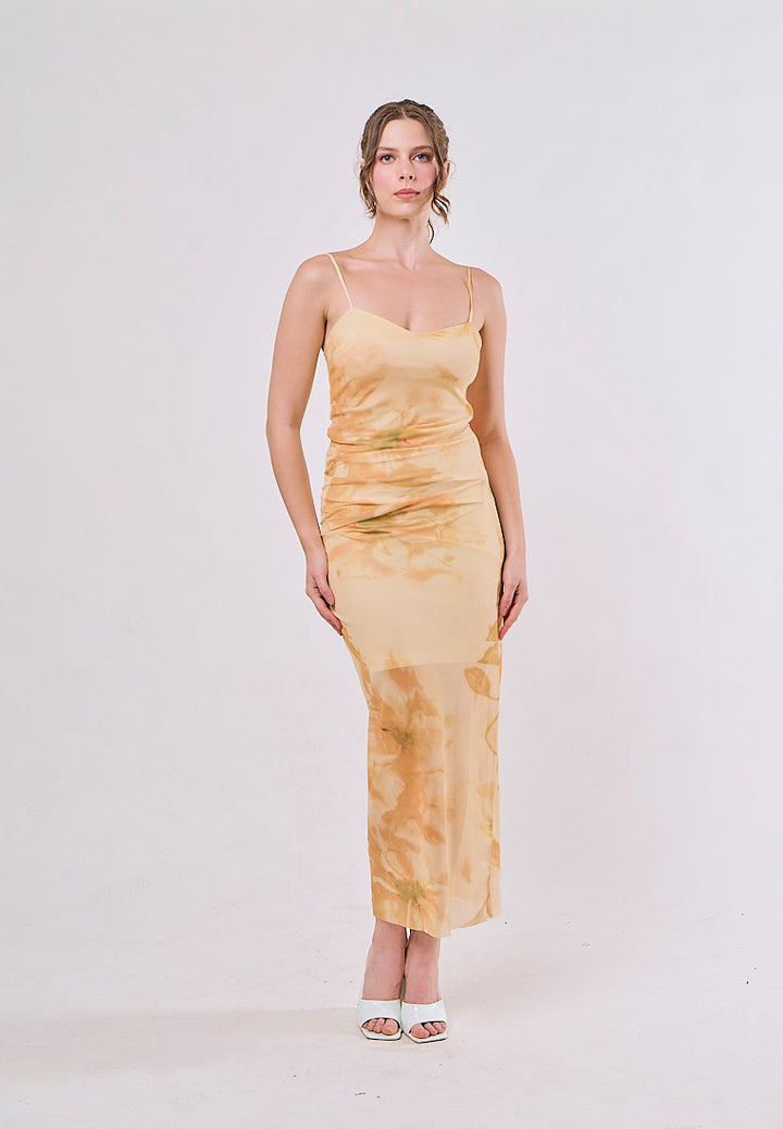 Lyre Yellow Floral Print Spaghetti Strap Midi Dress