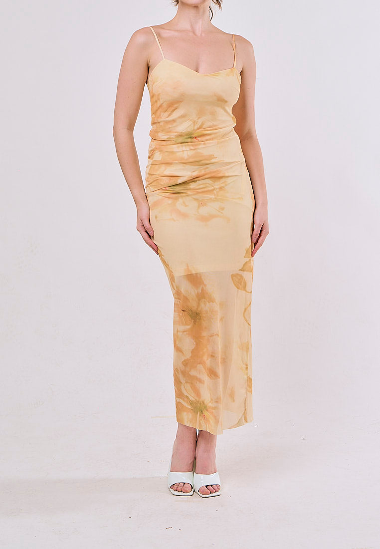 Lyre Yellow Floral Print Spaghetti Strap Midi Dress