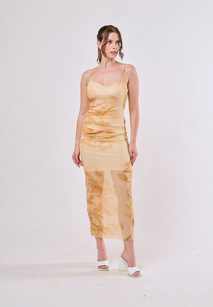 Lyre Yellow Floral Print Spaghetti Strap Midi Dress