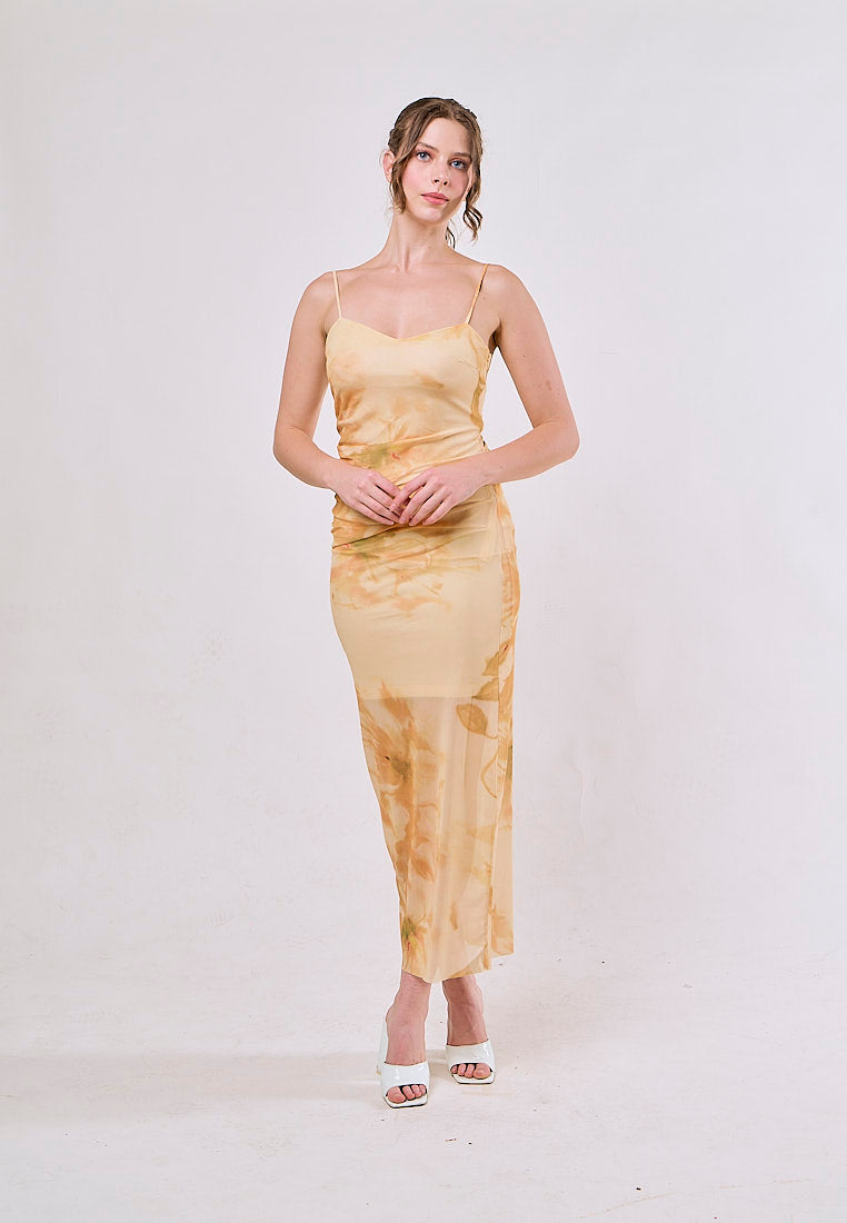 Lyre Yellow Floral Print Spaghetti Strap Midi Dress