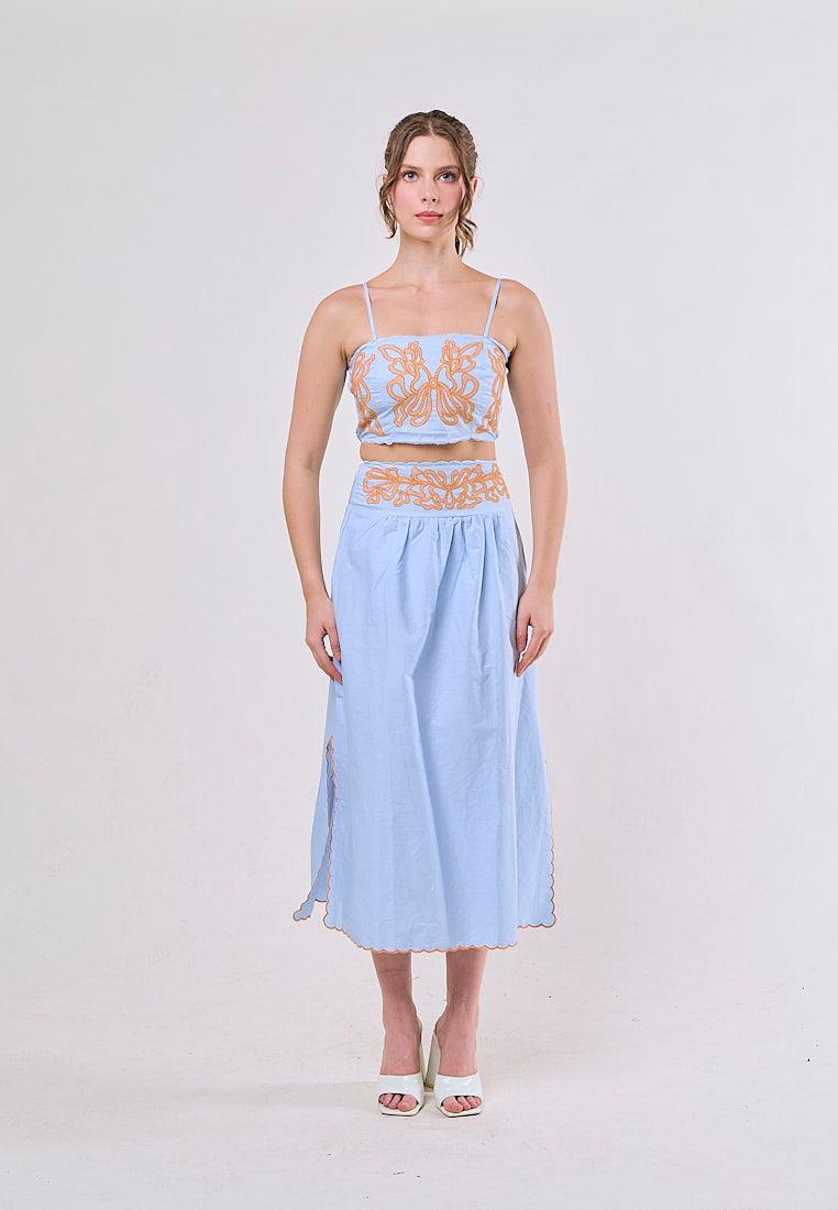 Jream Blue Orange Spaghetti Strap Embroidery Crop Tank Top Long Skirt  2 Piece Set