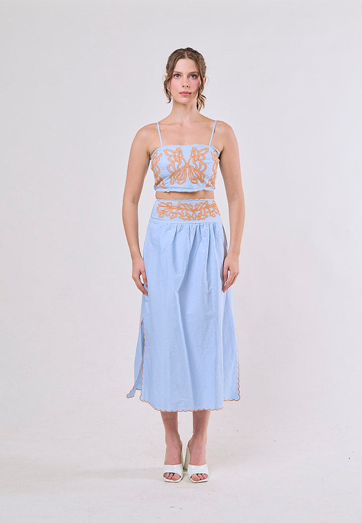 Jream Blue Orange Spaghetti Strap Embroidery Crop Tank Top Long Skirt  2 Piece Set
