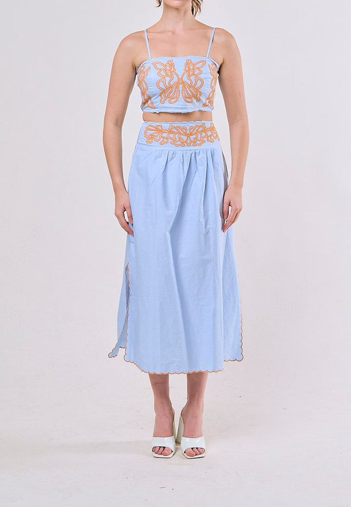 Jream Blue Orange Spaghetti Strap Embroidery Crop Tank Top Long Skirt  2 Piece Set