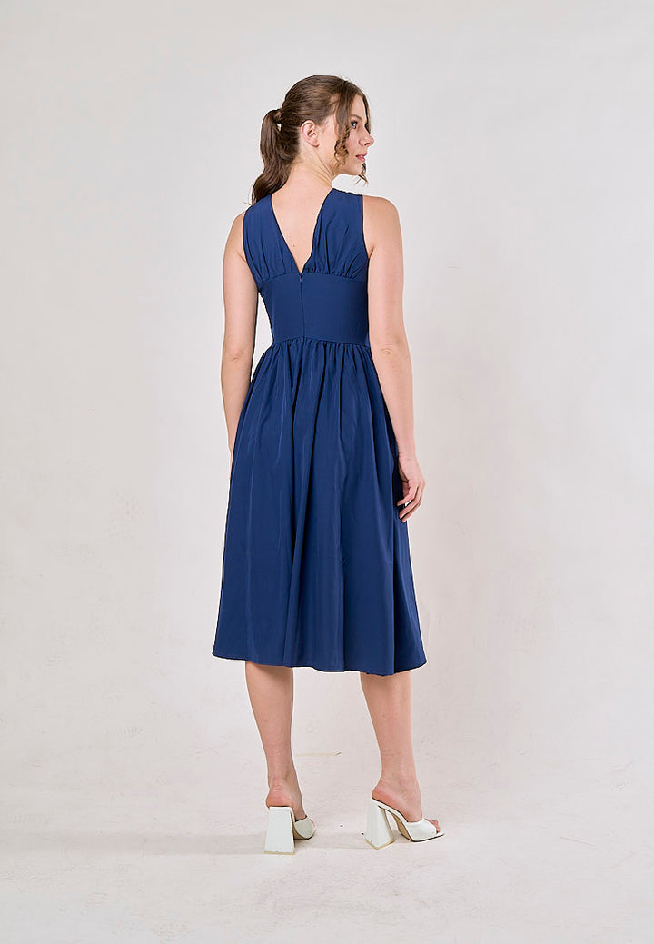 Odin Blue V Neck A-Line Pleated Midi Dress