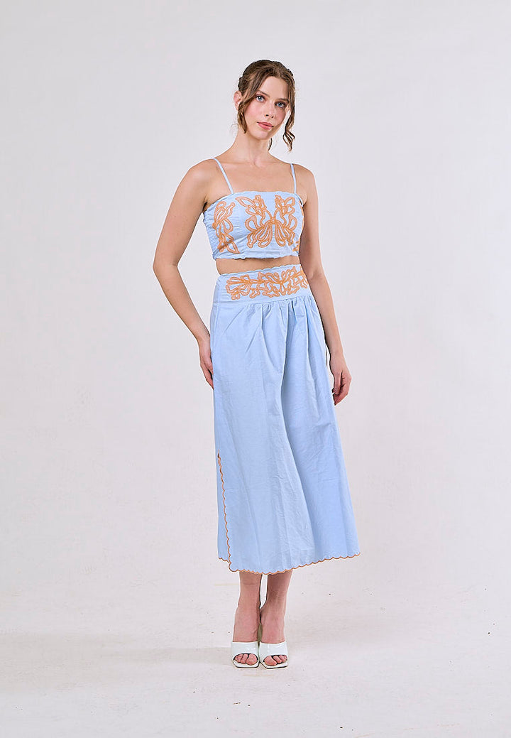 Jream Blue Orange Spaghetti Strap Embroidery Crop Tank Top Long Skirt  2 Piece Set