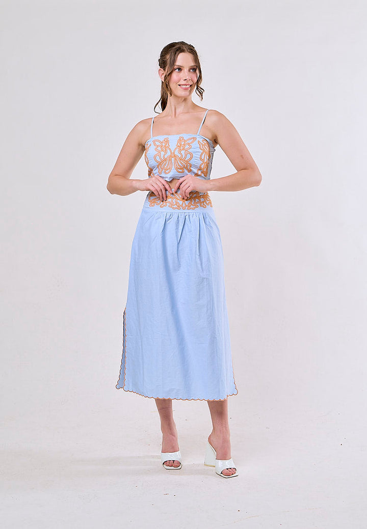 Jream Blue Orange Spaghetti Strap Embroidery Crop Tank Top Long Skirt  2 Piece Set