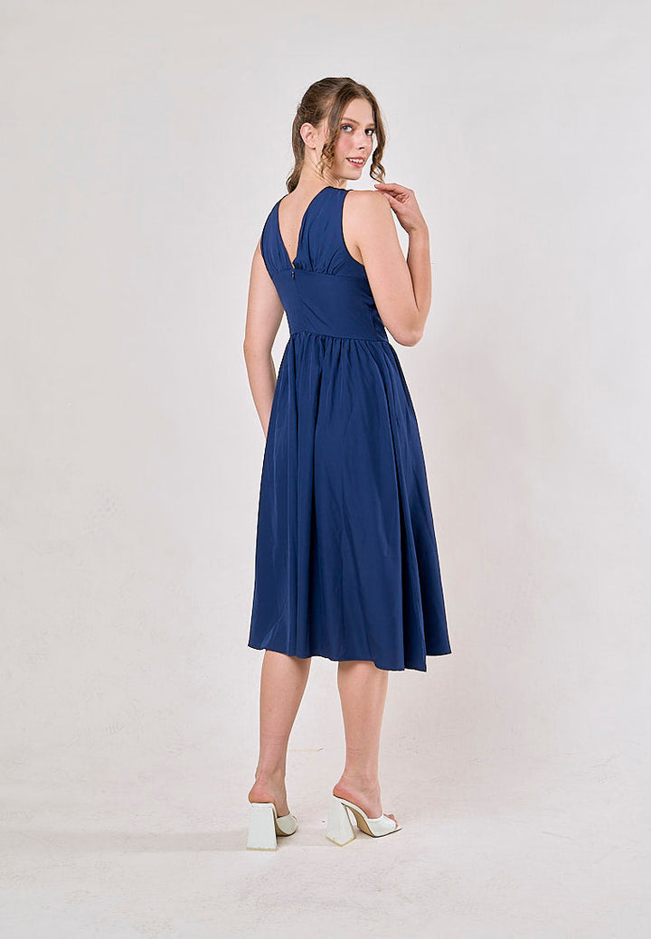 Odin Blue V Neck A-Line Pleated Midi Dress