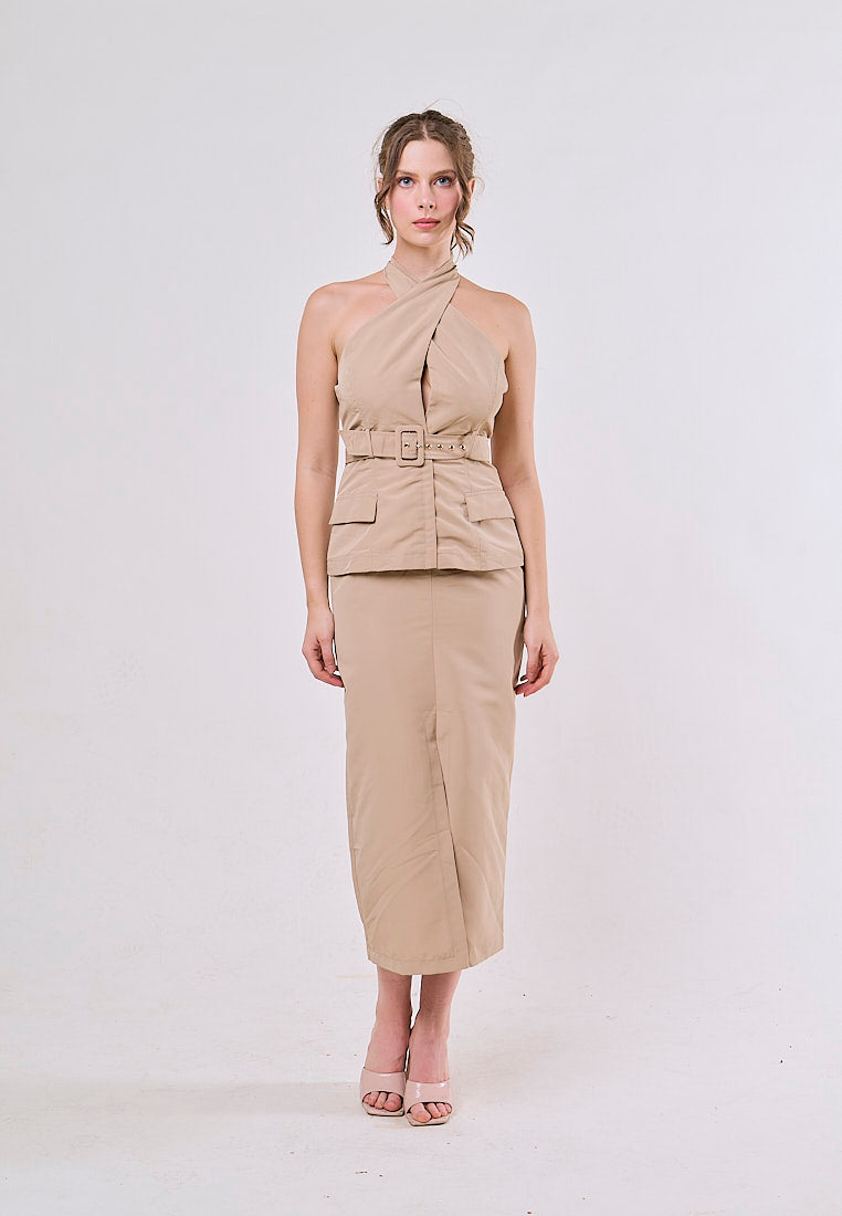 Jaslynn Khaki Belt Cross Retro Sleeveless  Midi Dress
