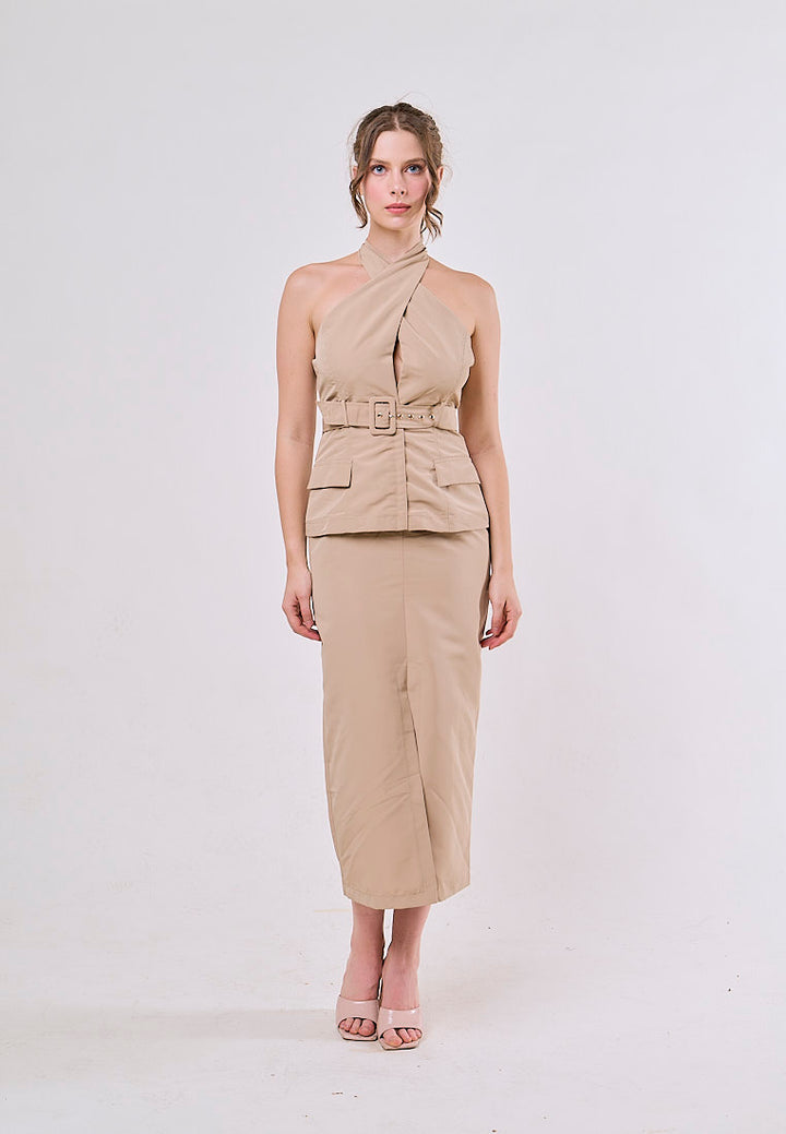 Jaslynn Khaki Belt Cross Retro Sleeveless  Midi Dress