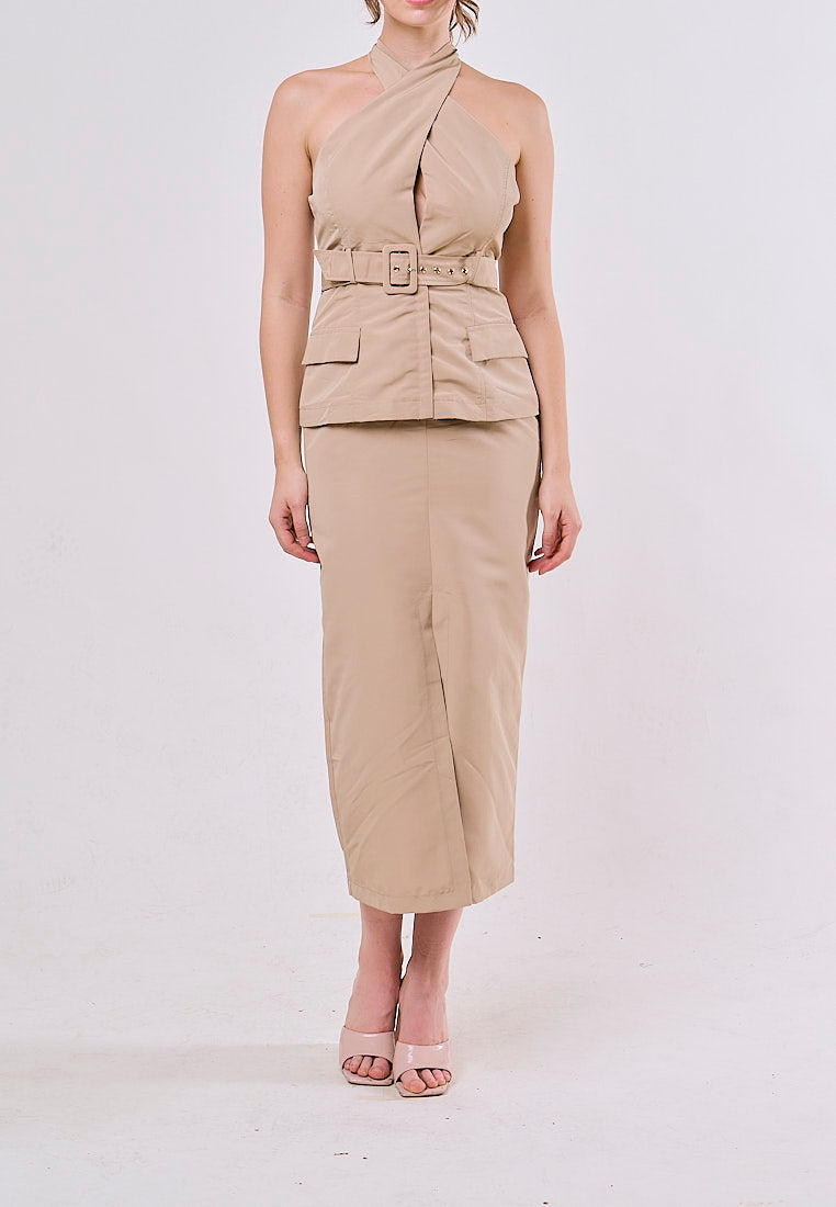 Jaslynn Khaki Belt Cross Retro Sleeveless  Midi Dress