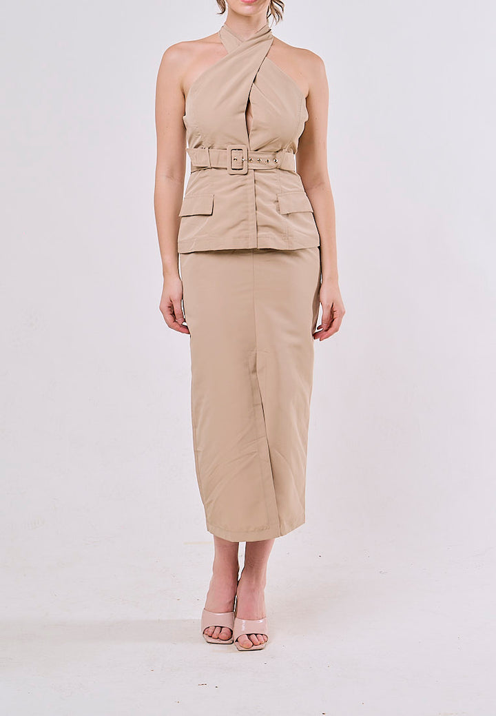 Jaslynn Khaki Belt Cross Retro Sleeveless  Midi Dress