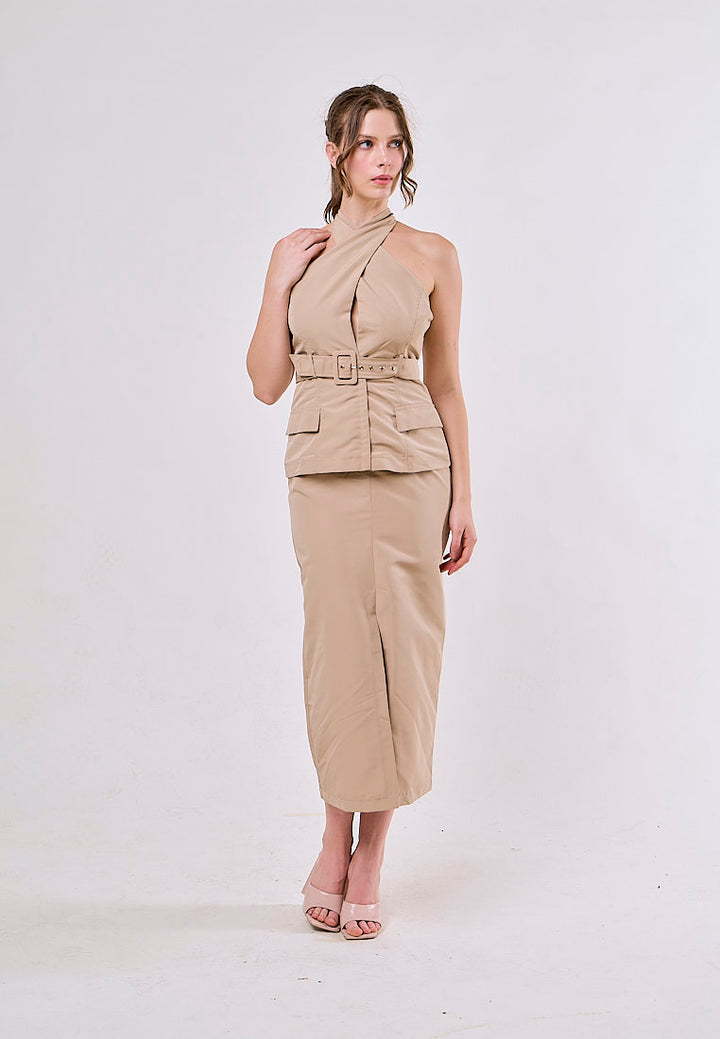 Jaslynn Khaki Belt Cross Retro Sleeveless  Midi Dress