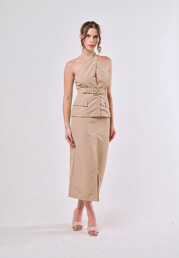 Jaslynn Khaki Belt Cross Retro Sleeveless  Midi Dress