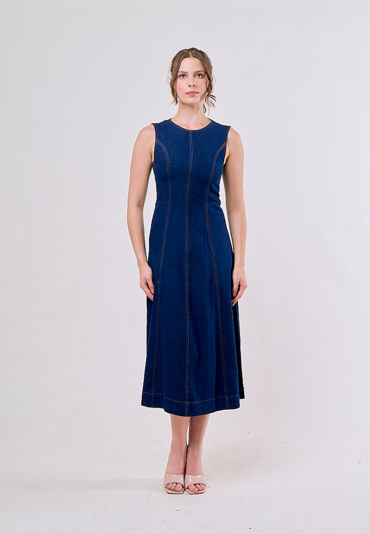 Stevie Blue Crew Neck Sleeveless Zipper Fly Maxi Dress