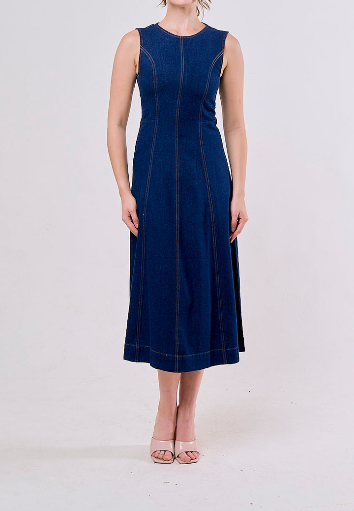 Stevie Blue Crew Neck Sleeveless Zipper Fly Maxi Dress