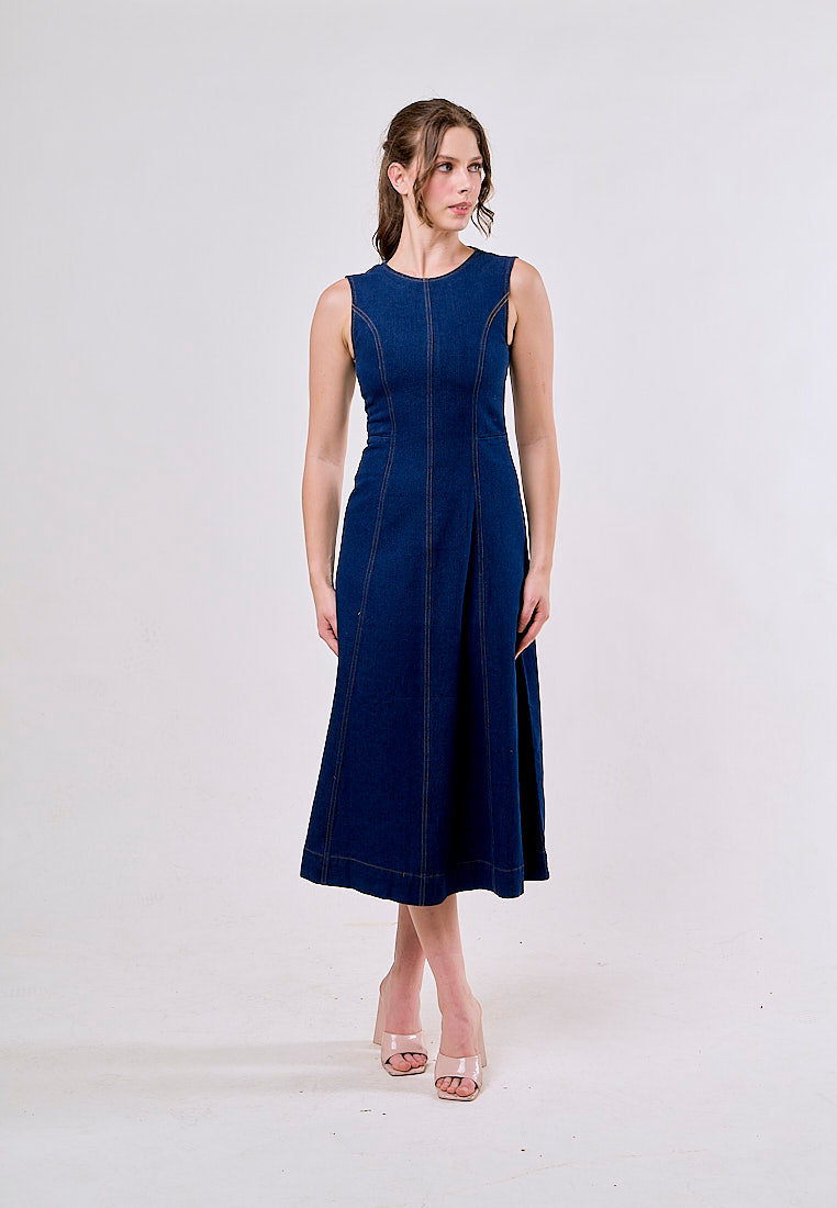 Stevie Blue Crew Neck Sleeveless Zipper Fly Maxi Dress