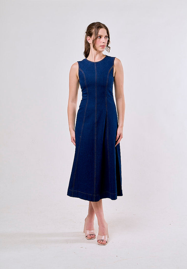 Stevie Blue Crew Neck Sleeveless Zipper Fly Maxi Dress
