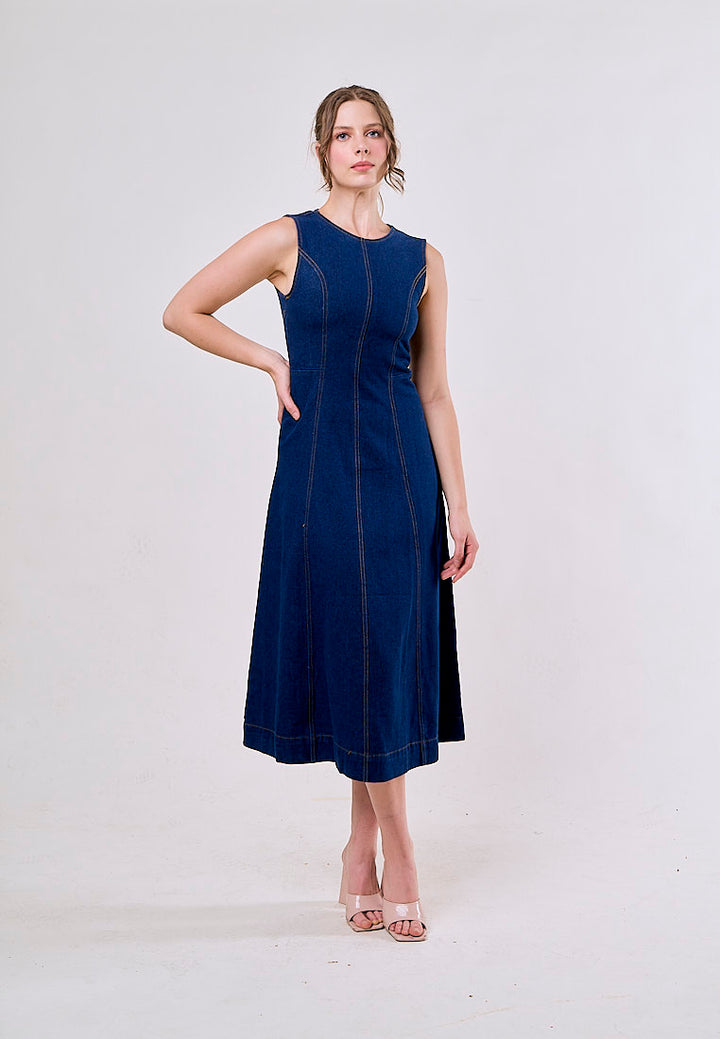Stevie Blue Crew Neck Sleeveless Zipper Fly Maxi Dress