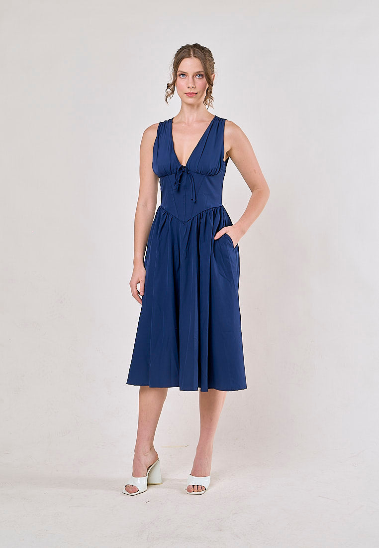 Odin Blue V Neck A-Line Pleated Midi Dress