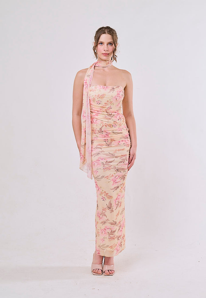 Crosby Pink Floral Printed Strapless Mesh Crop Top & Maxi Skirt Set