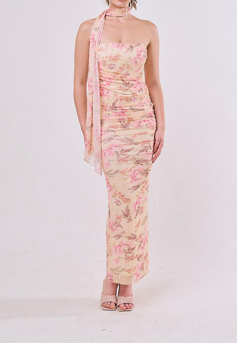 Crosby Pink Floral Printed Strapless Mesh Crop Top & Maxi Skirt Set