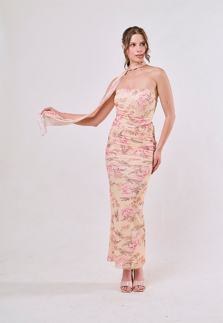 Crosby Pink Floral Printed Strapless Mesh Crop Top & Maxi Skirt Set