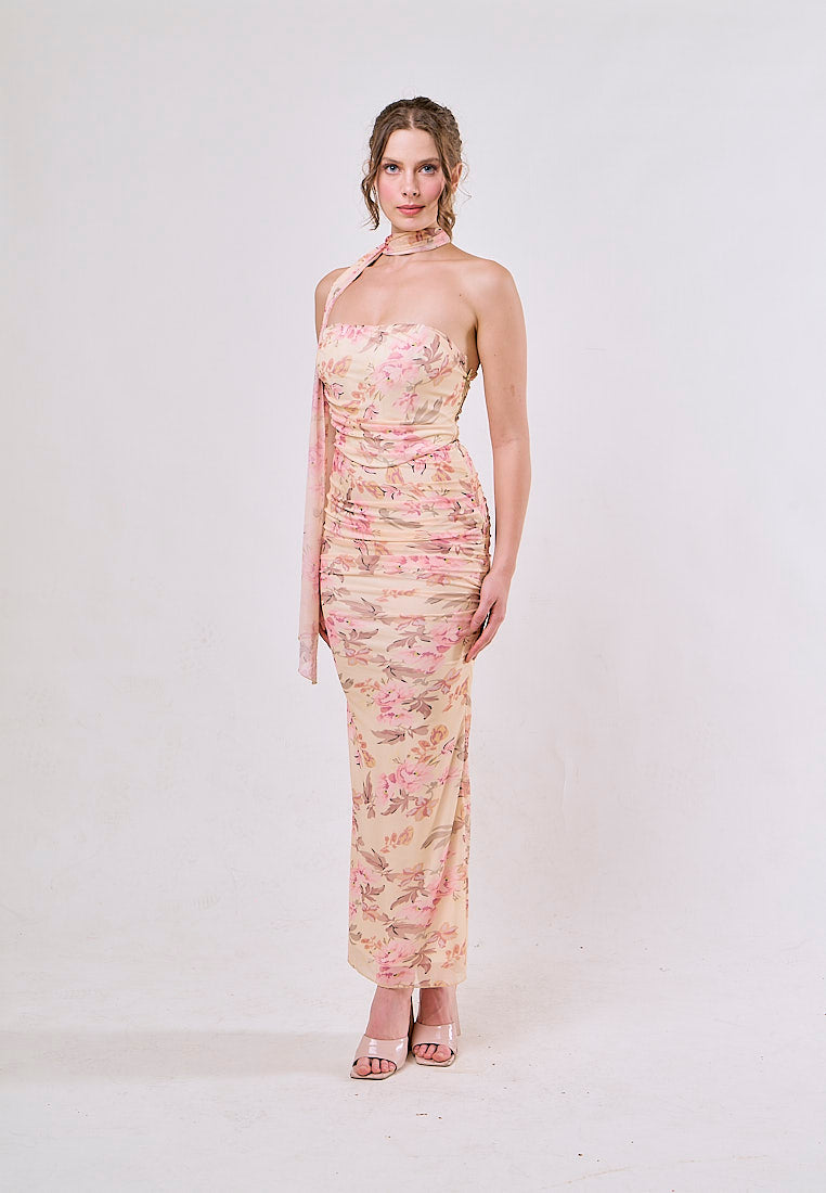 Crosby Pink Floral Printed Strapless Mesh Crop Top & Maxi Skirt Set