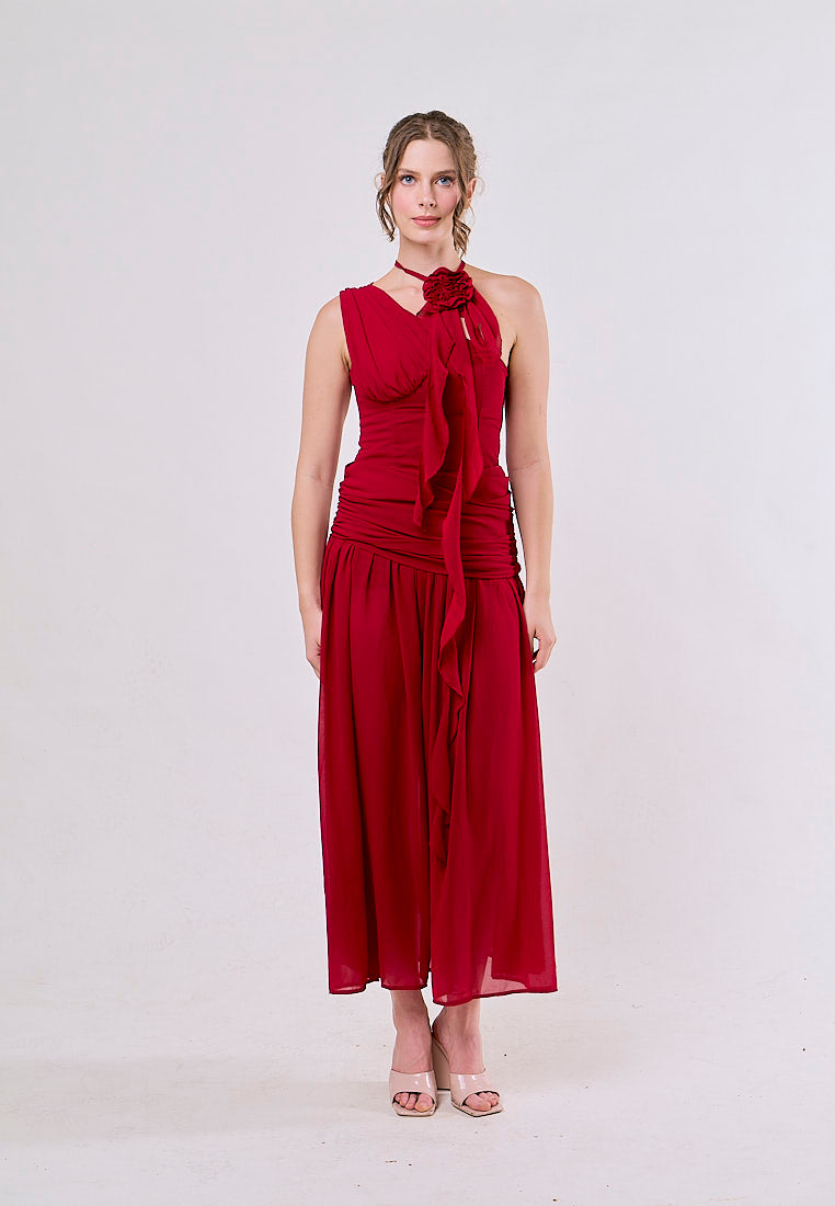 Kiana Red Asymmetrical Neck Mesh Maxi Dress