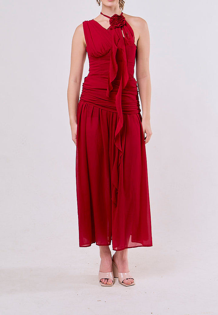 Kiana Red Asymmetrical Neck Mesh Maxi Dress