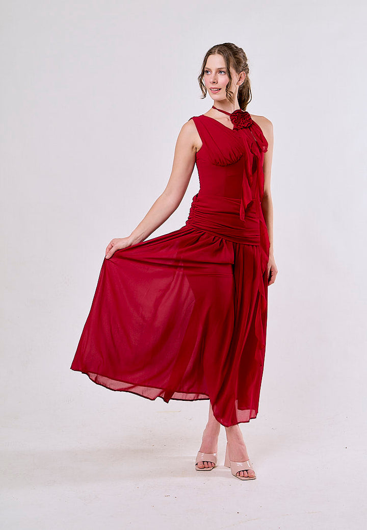 Kiana Red Asymmetrical Neck Mesh Maxi Dress