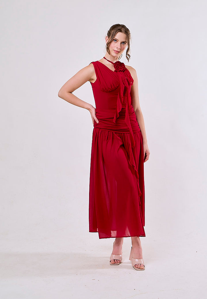 Kiana Red Asymmetrical Neck Mesh Maxi Dress