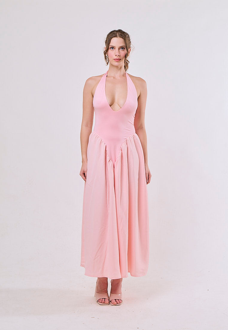 Dionysis Pink Halter Neck  Pleated Midi Dress