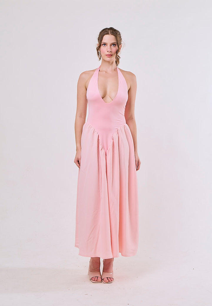 Dionysis Pink Halter Neck  Pleated Midi Dress
