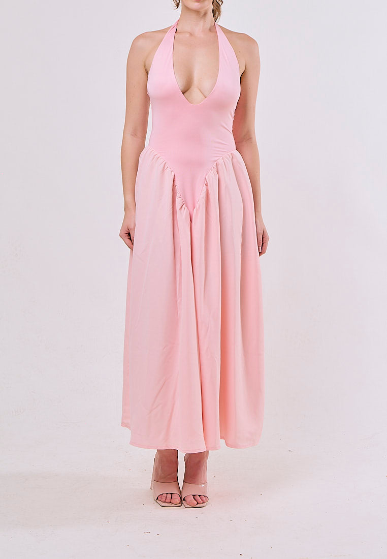 Dionysis Pink Halter Neck  Pleated Midi Dress