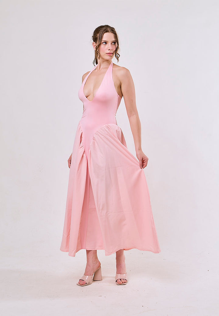 Dionysis Pink Halter Neck  Pleated Midi Dress