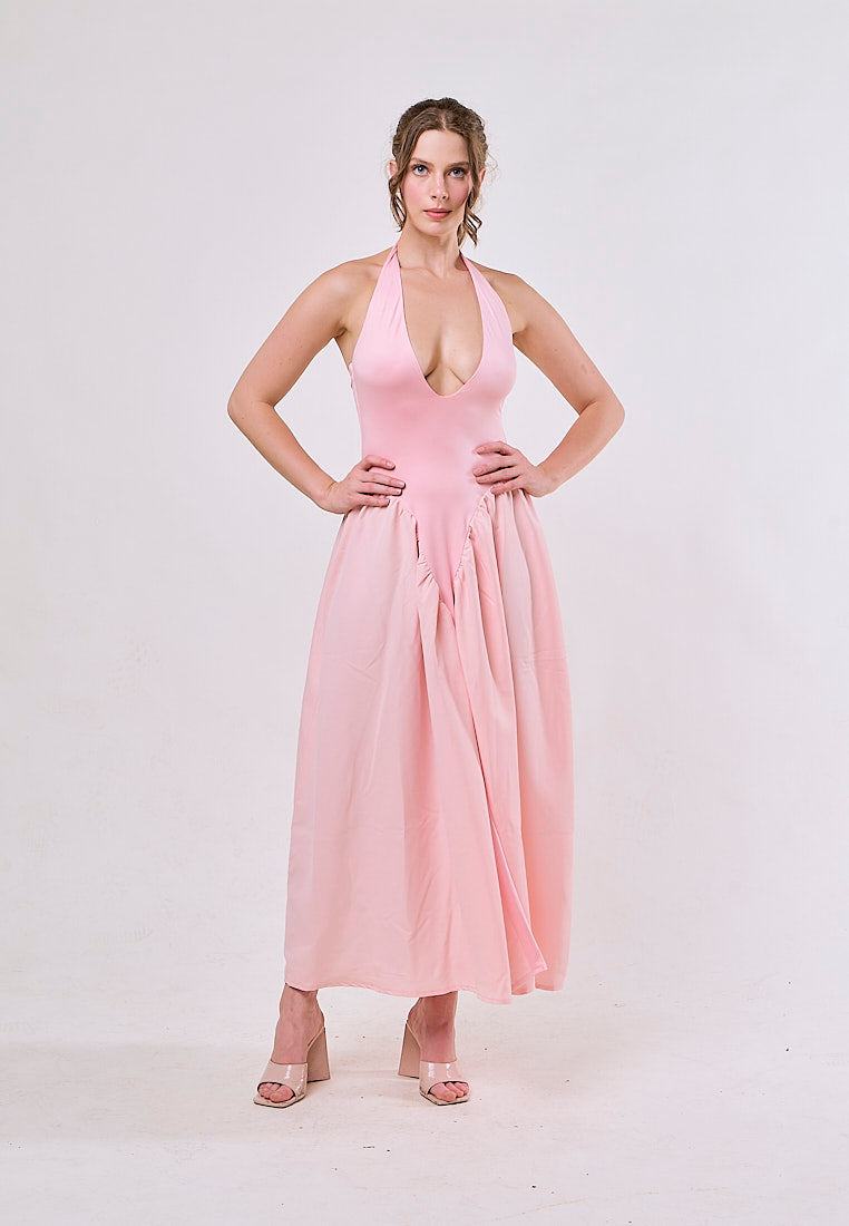 Dionysis Pink Halter Neck  Pleated Midi Dress