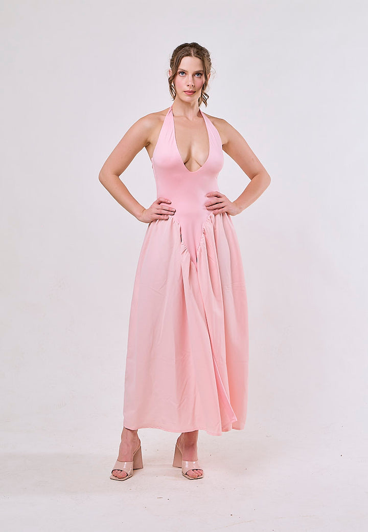 Dionysis Pink Halter Neck  Pleated Midi Dress