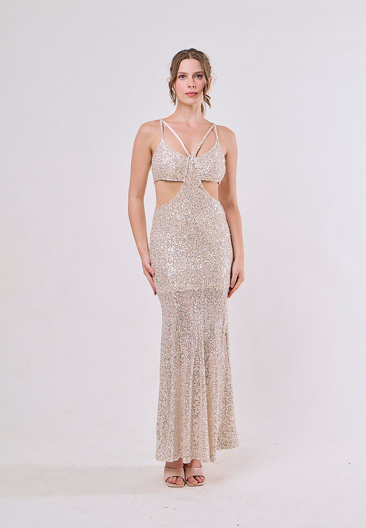 Persephone Silver Sleeveless Hollow Out Sequined Maxi Dress