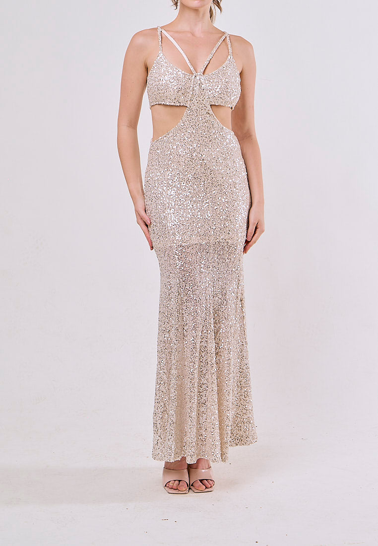 Persephone Silver Sleeveless Hollow Out Sequined Maxi Dress