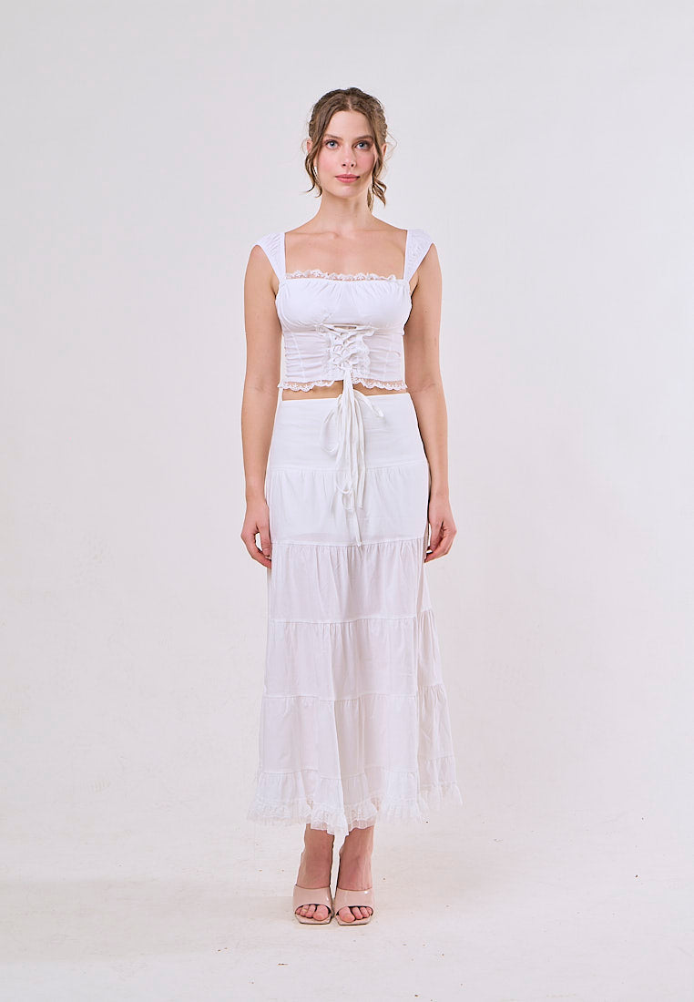 Elodie White Square Collar Lace Up Top and Stitching Lotus Leaf Skirt Set