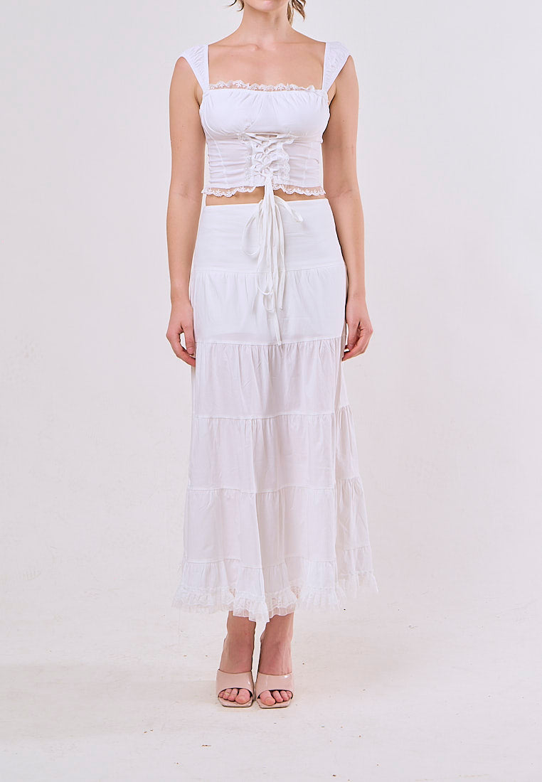 Elodie White Square Collar Lace Up Top and Stitching Lotus Leaf Skirt Set