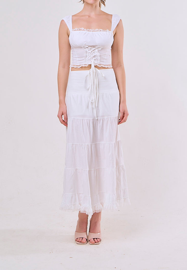Elodie White Square Collar Lace Up Top and Stitching Lotus Leaf Skirt Set