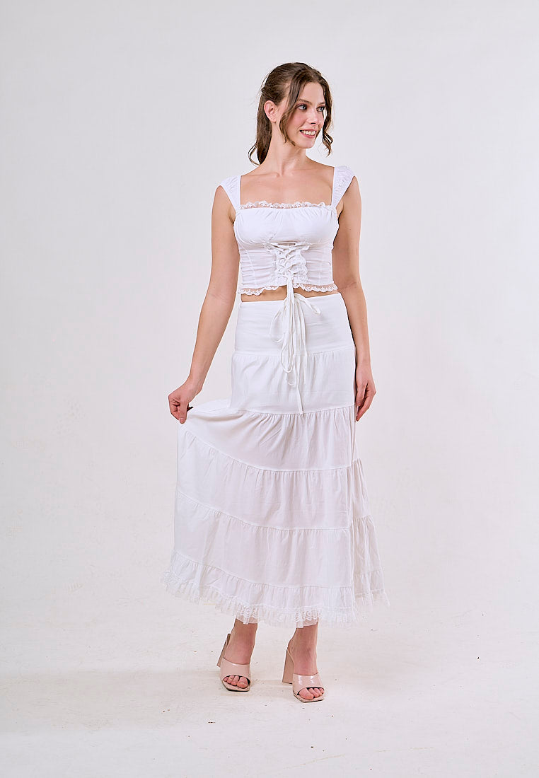 Elodie White Square Collar Lace Up Top and Stitching Lotus Leaf Skirt Set