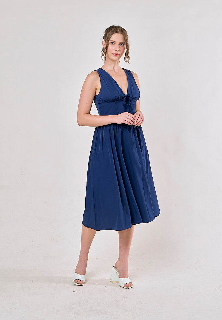 Odin Blue V Neck A-Line Pleated Midi Dress