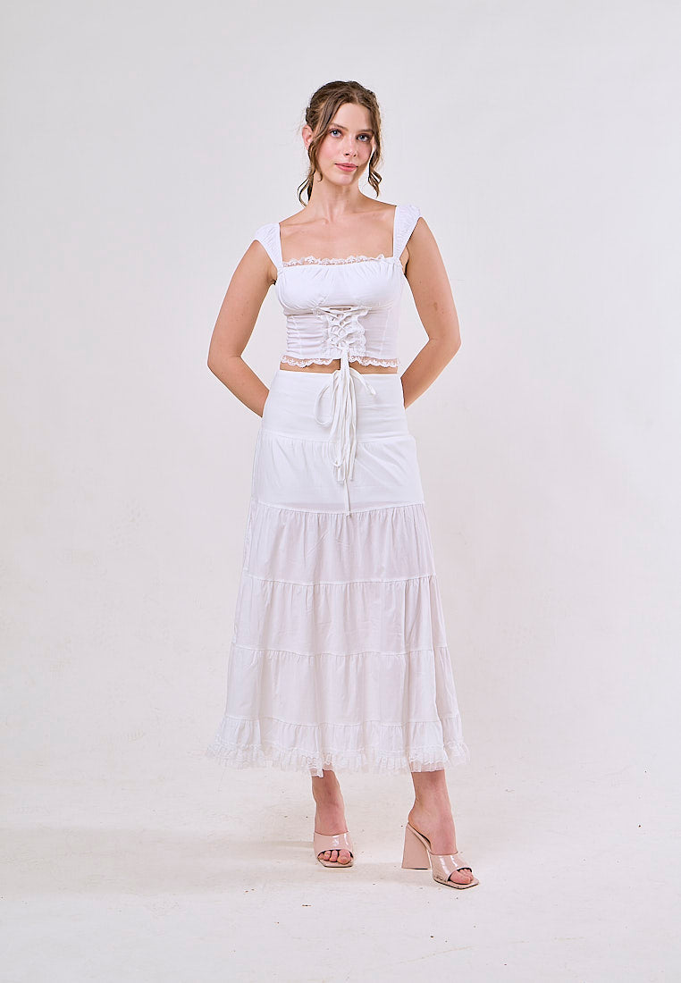 Elodie White Square Collar Lace Up Top and Stitching Lotus Leaf Skirt Set