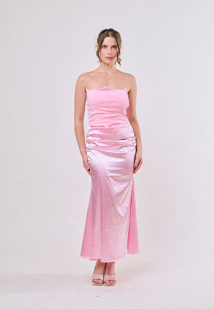 Rhiannon Pastel Pink Tube Satin Ruched Waist Maxi Dress