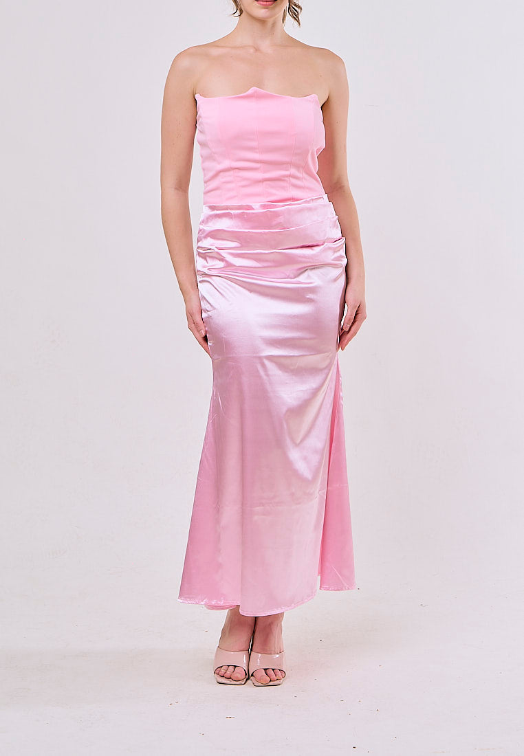 Rhiannon Pastel Pink Tube Satin Ruched Waist Maxi Dress
