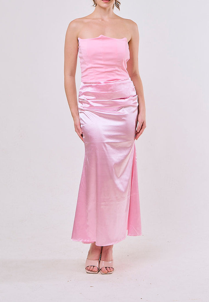 Rhiannon Pastel Pink Tube Satin Ruched Waist Maxi Dress