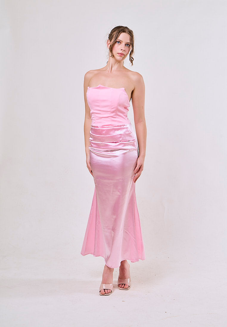 Rhiannon Pastel Pink Tube Satin Ruched Waist Maxi Dress