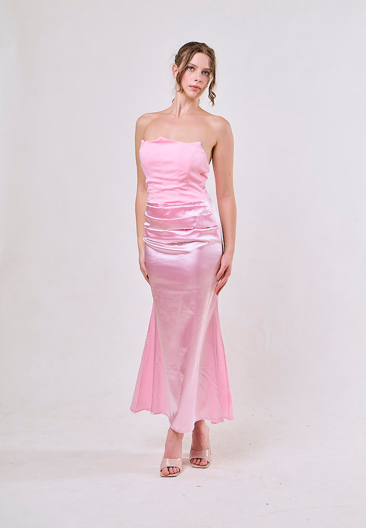 Rhiannon Pastel Pink Tube Satin Ruched Waist Maxi Dress